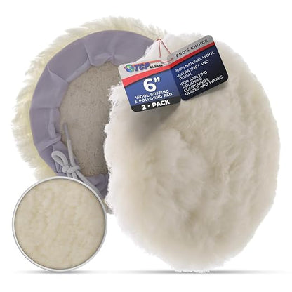 TCP Global Premium 6 Inch Wool Buffing Pads (2 Pack) - 100% Natural Wool Buffer Pads, Polishing Pad for Car Detailing - 1 Inch Thick Pile, Tie-On Bonnet Buffing Pad for Orbital Buffer