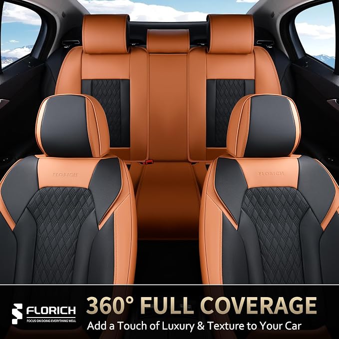 FLORICH Seat Covers, Car Seat Covers Full Set, Luxury Nappa Leather Seat Covers, Breathable and Waterproof Car Seat Protector 5 Seat, Automotive Seat Covers Universal Fit for Most Cars-Brown&Black