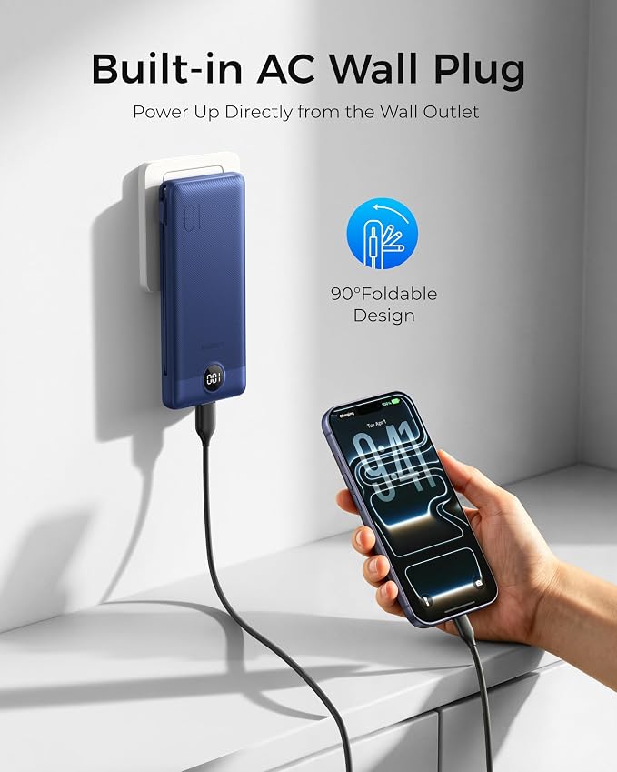 VEGER Portable Charger with Built-in AC Plug and Cables, All in One 10000mAh Ultra Slim Power Bank Emergency Fast Charging for Travel Battery Pack Compatible with iPhone, Samsung, Android, Navy
