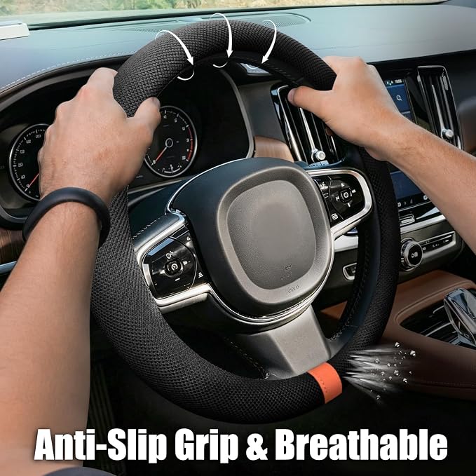 15" Universal Cooling Steering Wheel Cover, Microfiber Non-Slip Breathable Cooling Steering Wheel Protector with Silicone Inner Ring for Round/D Shape, Warm in Winter Cool in Summer, Black Orange