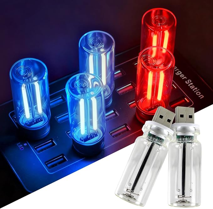 2 PCS USB Lights, Plug-in Retro Car Atmosphere Night Light with Touch Dimmable, Portable Mini Glass Bottle LED Bulb for Car Interior Bedroom Hallway Camping Holiday Decoration (Blue & Red)