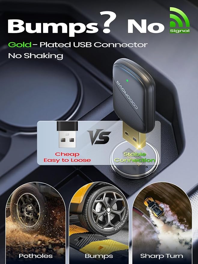 Mini Wireless CarPlay Adapter for Apple iPhone & Android Auto - Convert Wired to Wireless, Gold-Plated USB, Fast, Stable & Auto Reconnect in 5 Seconds, for OEM Wired Apple CarPlay Cars 2016+