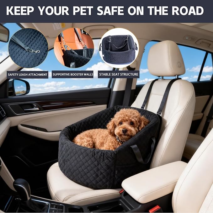 Elevated Dog Booster Seat for Small Dogs, Pet Travel Bed with Safety Leash, Anti-Slip Base, Soft Velvet, Removable Washable Cover, Secure for Pets Up to 30 lbs
