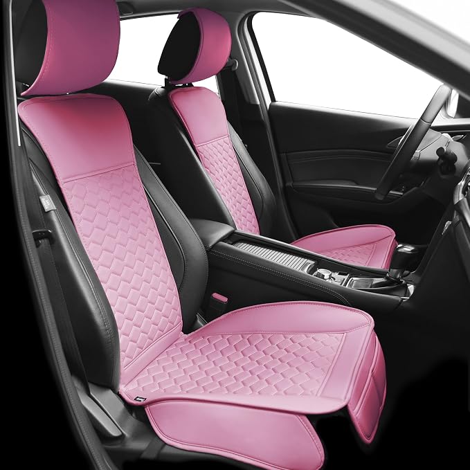 Elantrip 2PCS Front Car Seat Covers Pink Leather Auto for Women Airbag Compatible Diamond Pattern PU Seat Cover Universal Fitness