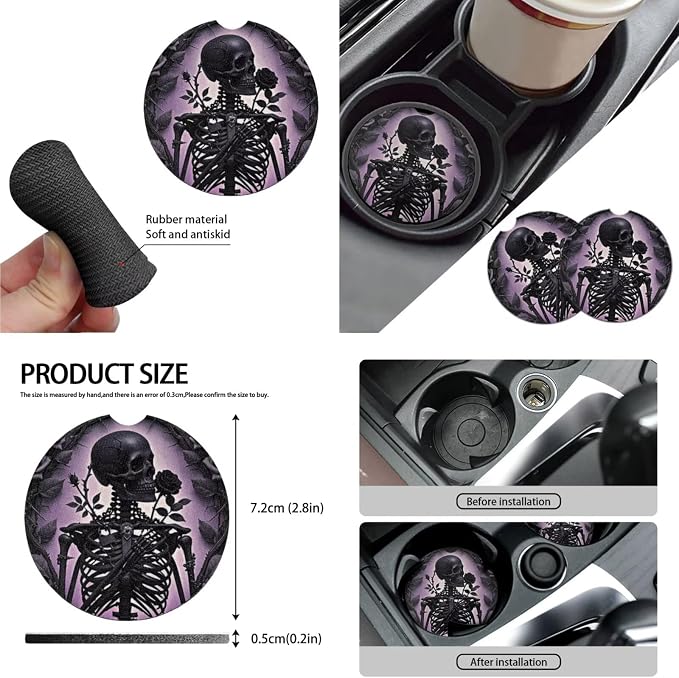 Skeleton 10 Pcs Car Seat Covers Full Set, Gothic Black Rose Skeleton Breathable Front Rear Seat Cover Halloween Skull Horror Decor Steering Wheel Protector for Car Truck SUV