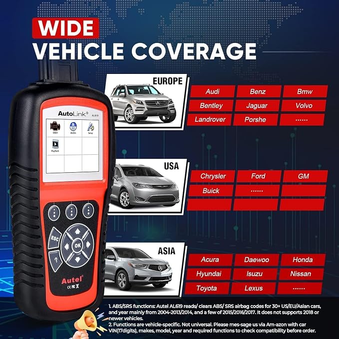 Autel AutoLink AL619 OBD2 Scanner | 2026 ABS/SRS/CAN Diagnostic Tool | Read/Erase Codes, Check Engine Light, OBDII Live Data & DTC Library | Upgrade for AL519, ML519, ML619 (Vehicle-Specific)