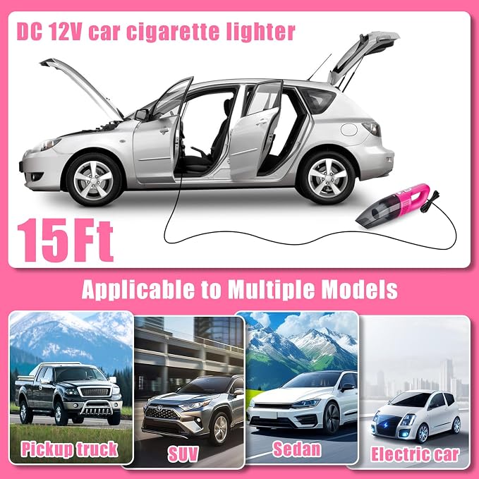 Car Cleaning Kit, Car Vacuum Interior Detailing Cleaner Kit with High Power Handheld Vacuum, Brush Set, Windshield Tool, Duster, Towels, Complete Car Care Tools for Women (Pink)