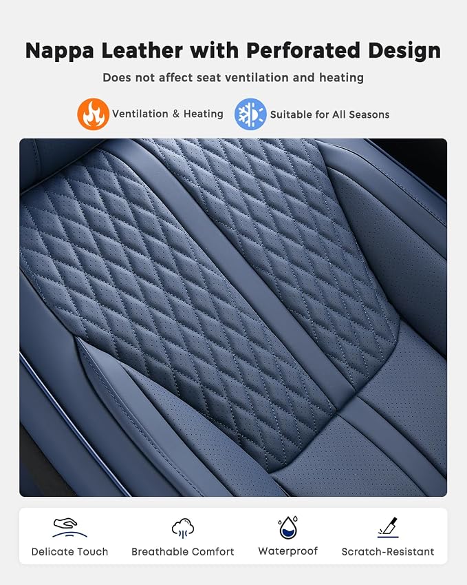 Huidasource Blue Seat Covers, Luxury Nappa Leather Car Seat Covers with Velcro Adjustable, Airbag, Lumbar Support, Cooling＆Heating, Seat Covers for Trucks Universal Fit for Most Cars SUV Trucks Blue