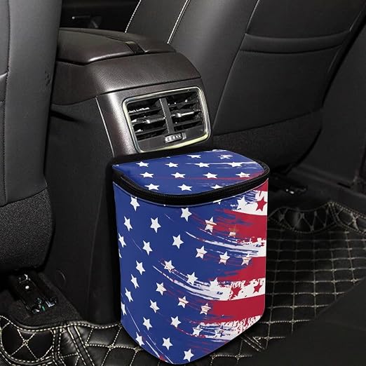 Talayituse American Flag Star Print Car Trash Can with Lid, 4th of July Leak Proof Auto Trash Bag Hanging Vehicle Garbage Can Multipurpose Storage Container for Back Seat Road Trip