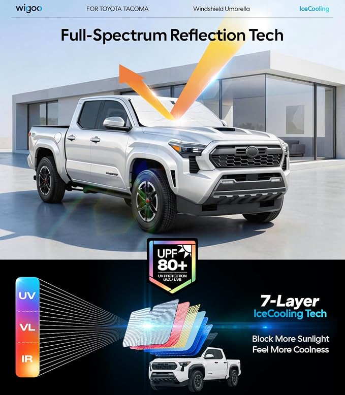 Wigoo Windshield Sun Shade Umbrella for Toyota Tacoma 2016-2026 [100% Sun Blockage, Ice Cooling Fabric] Foldable Heat Insulation Front Window Sunshade Umbrella for Toyota Tacoma 2016-2026