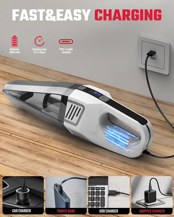 Handheld Vacuum Cordless, 9000PA Strong Suction, 2 Suction Modes, Fast Type-C Charging, Lightweight, Portable Car Vacuum Cleaner for Home Pet Office