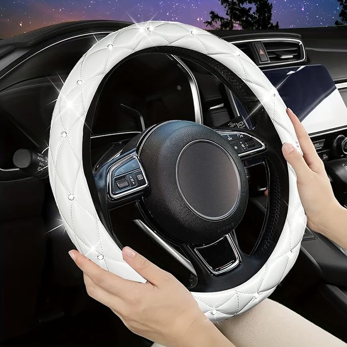 SuperKaKa Steering Wheel Cover, Auto Cute PU Diamond Bling Breathable Soft Comfort Leather Car Interior Accessories Sparkly Fit Most O-Shaped Steering Wheels for Women Men (White)
