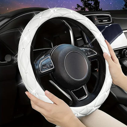 SuperKaKa Steering Wheel Cover, Auto Cute PU Diamond Bling Breathable Soft Comfort Leather Car Interior Accessories Sparkly Fit Most O-Shaped Steering Wheels for Women Men (White)