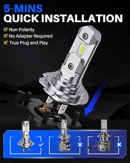AUTOONE H7 Bulbs, 40000LM 6500K White Super Bright, Real Mini 1:1 Halogen Size, No Adapter Needed, Non-polarity Plug and Play H7LL Fanless Fog Replacement Bulb, Pack of 2