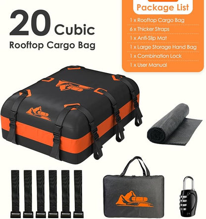 Car Rooftop Cargo Carrier Bag 20 Cubic Feet, 100% Waterproof Heavy Duty Car Roof Bag for All Vehicle with/Without Racks - Anti-Slip Mat, 6 Door Hooks, Storage Bags, 5CM Straps(Orange)
