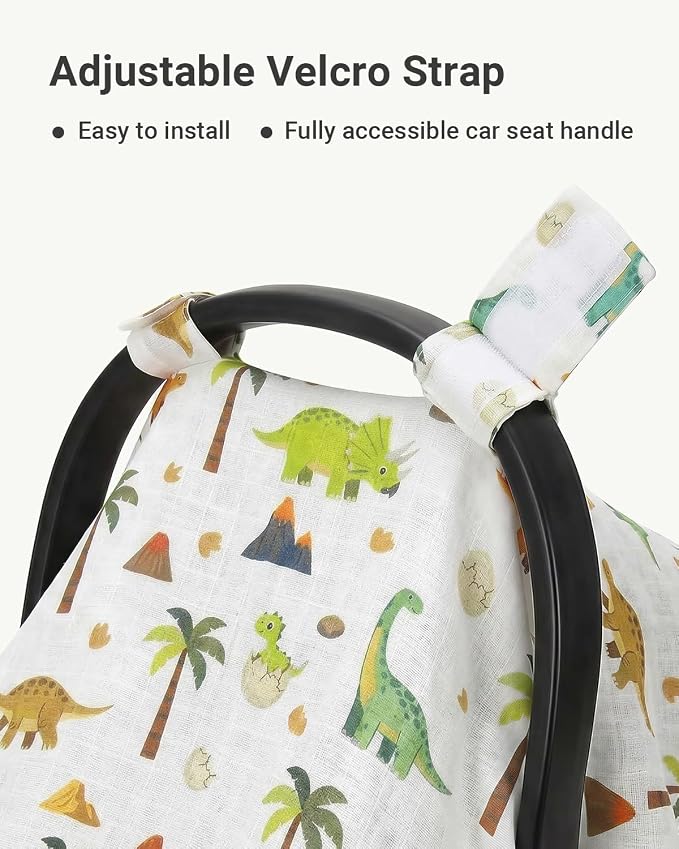 Rquite Baby Boy Car Seat Cover, 100% Muslin Cotton Infant Carseat Canopy, Soft Breathable Stroller Sun Shade & Newborn Shower Gift, Large Size Universal Fit Summer, Hot & Warm Weather (Green Dinosaur)