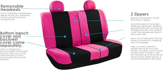 FH Group Stylish Full Set Car Set Covers Front Set and Rear Split Function, Airbag Compatible – Universal Fit for Cars Trucks & SUVs (Pink/Black)