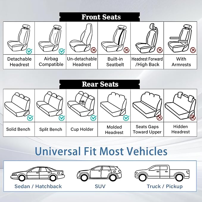 WELLDO Nappa Faux Leather Car Seat Covers Full Set, Gray | Waterproof, Non-Slip Seat Protector, 0.28in Thickened Cushion, Airbag Compatible, Universal for Cars SUV Truck Pickup