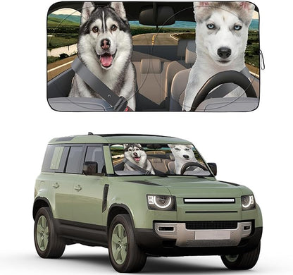 Gven Windshield Sun Shade for Car Front Window Cover Sunshades Visor Automotive Sun Shield for Full-Size Sedan & SUV, Mid-Size SUV, Sports Cars Mid-Size Pickup Truck Car Accessories（Dogs, L）