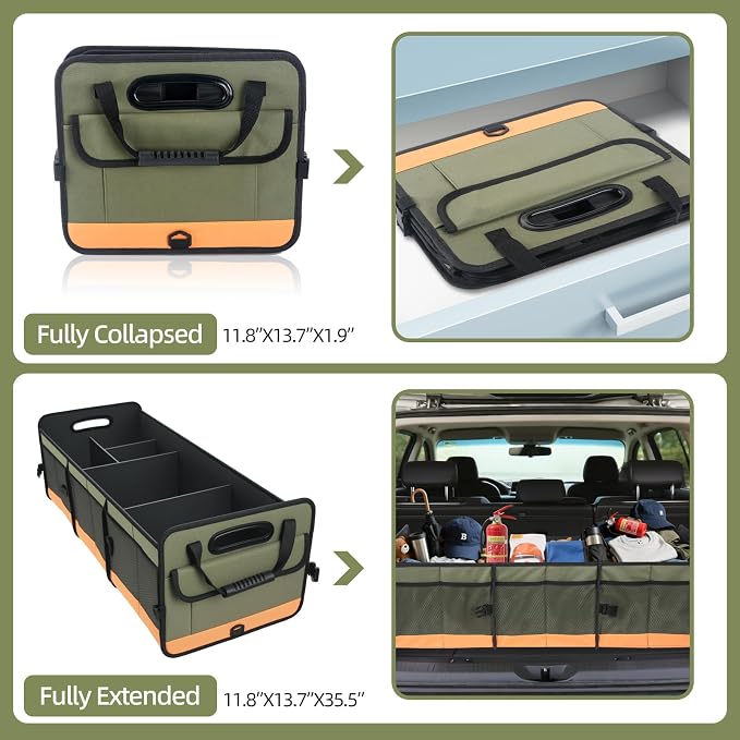 Trunk Organizer for Suv, Sturdy Storage Organization with Non-Slip Bottom Strips, 95L Large Capacity Cargo Organizer for Car, Truck, Sedan, Waterproof Portable Car Organizers for Women Men(Green)