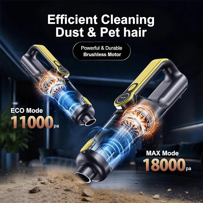 18000Pa Cordless Handheld Car Vacuum Cleaner – 35-Min Runtime, LED Light & LCD Screen, 2-in-1 Blower Function – Lightweight 1.1lb Portable Vacuum for Pet Hair, Home & Car Interior (Gold)