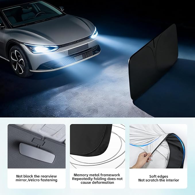 Windshield Sun Shade for Kia EV6 2022-2026 Sunshade 300T Windshield Cover Shield Protector Blocks UV Rays Custom Fit EV6 Front Window Shades Windshield Accessories Keep Cool Foldable