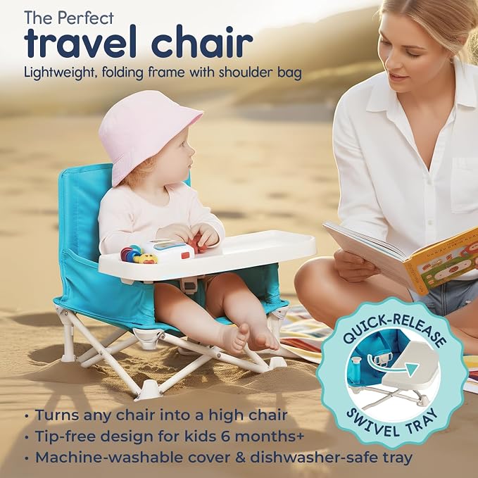 Hiccapop OmniBoost Travel Booster Seat with Tray for Baby | Folding Portable Seat for Dining Table, Camping, Beach, Grandma’s | Tip-Free Design Straps to Kitchen Chairs
