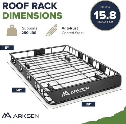 ARKSEN Adjustable Roof Rack Cargo Basket with Extension, 54"x39"x5" Heavy Duty Steel Rooftop Storage Carrier with Net & Tie Down Straps, 150 lbs Capacity, Universal Fit for SUV, Truck, RV, Pickup