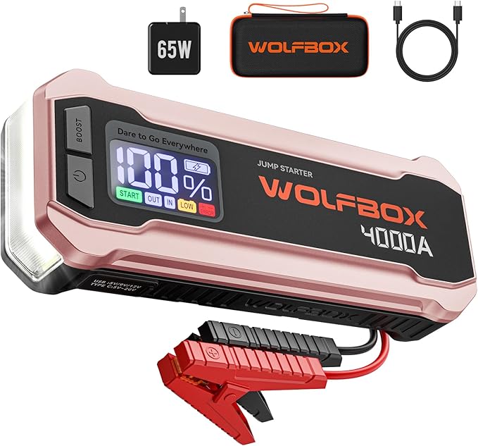 WOLFBOX 4000A Jump Starter,12V Car Battery Jumper Starter Portable with 65W Quick Charger,LED Display,88.8Wh Booster Jump Box Pack (10L Gas 10L Diesel Engine) with LED Light,Jumper Cables, Rose Gold