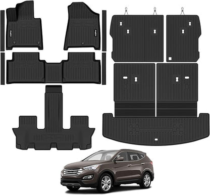 Floor Mats for 2024 2025 2026 Hyundai Santa Fe 7 Seats 2nd Row Bench Seats, Trunk Mat with Backrest Mat & Door Sill Guard All Weather TPE Protector for Hyundai Santa Fe Accessories