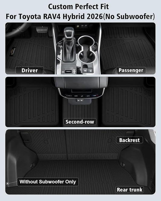 Floor Mats & Cargo Mat & Backrest Mat Custom for Toyota RAV4 Hybrid 2026 (Not for Cargo Area with Subwoofer) (Not for Phev), Door Sill Guards, All Weather TPE Floor Liners for RAV-4 2026 Accessories