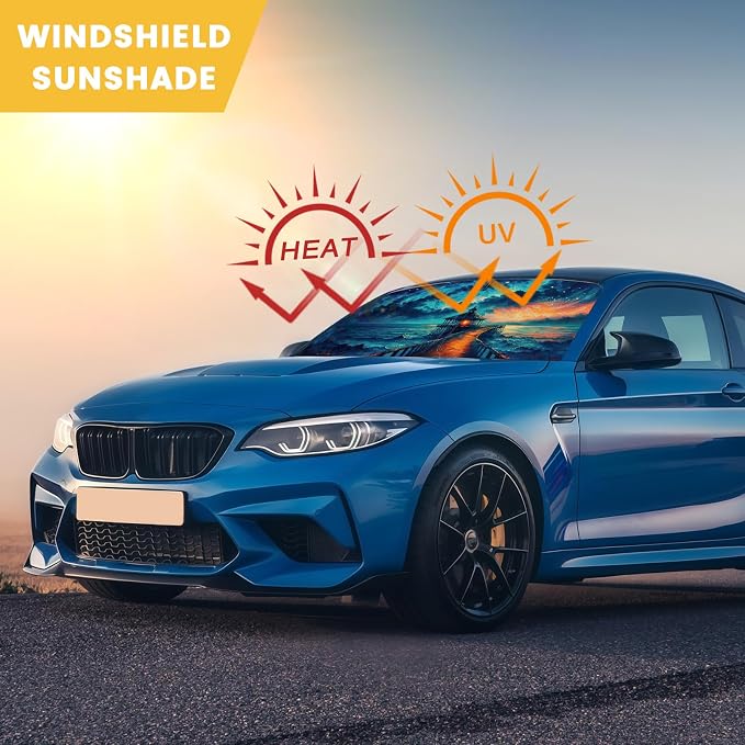 Windshield Sun Shade, Car Sun Shade Windshield, Reflector Sunshade Offers Ultimate Protection for Car Interior, Reflective Polyester Blocks Heat for Cars,Trucks,SUVs (57 x 32 in)