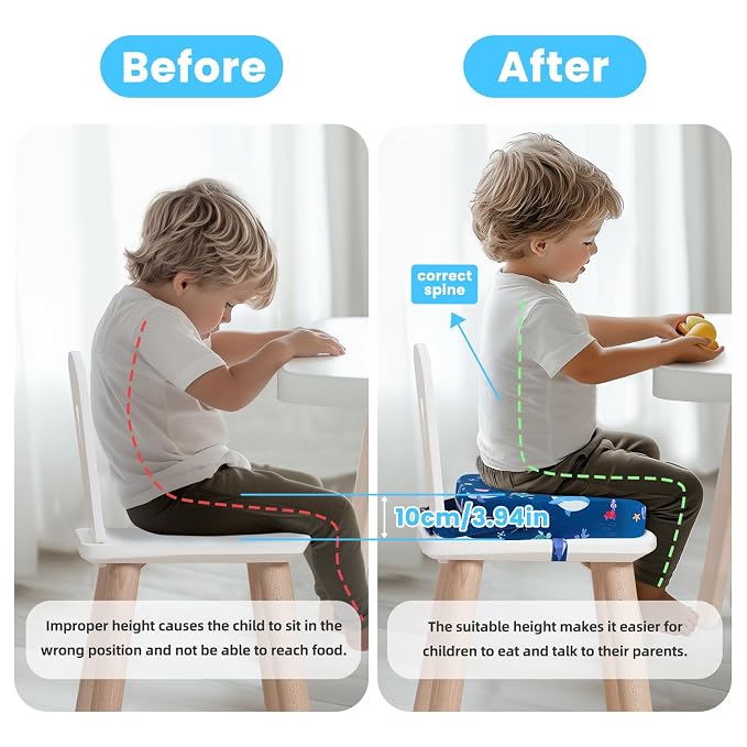 Toddler Booster Seat for Dining Table, 4" Kids Booster Seat for Kitchen Chair with Non-Slip Bottom, Portable Detachable Washable Increasing Cushion with 2 Adjustable Straps (Marine Animals)