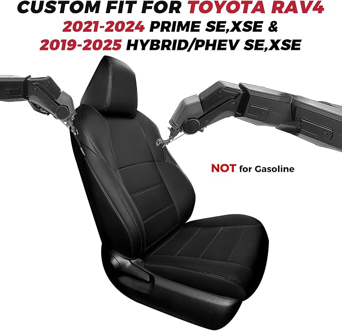 FREESOO RAV4 Seat Covers Full Set Custom Fit for Toyota Rav4 2021-2024 Prime SE,XSE & 2019-2025 Hybrid/PHEV SE,XSE Faux Leather Car Seat Cover, Airbag Compatible, Black