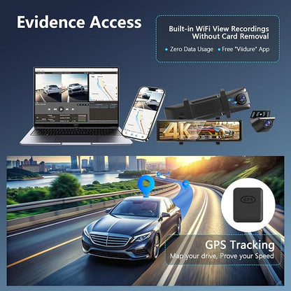 12" Rear View Mirror Camera 4K + 2K Mirror Dash Cam Front and Rear with STARVIS Night Vision Rearview Mirror Backup Camera, WDR, G-Sensor, Loop Recording, GPS, App, 64GB Card