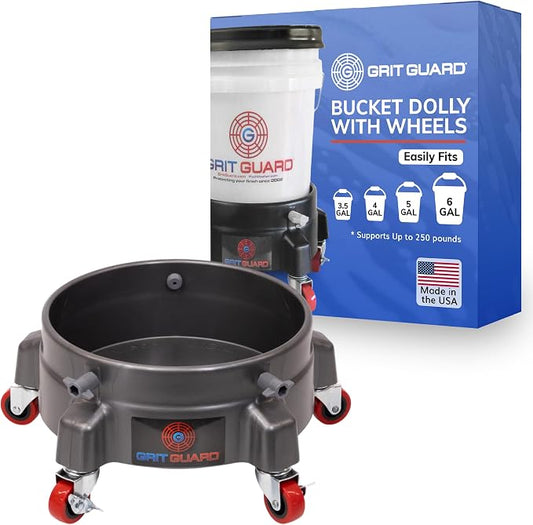 GRIT GUARD Bucket Dolly with Wheels - Rolling Detailing Wash Bucket with 5 Wheels and 2 Locking Casters Compatible with 2.5, 4, 5 and 6 Gallon Buckets (Silver, 2" Red Casters) - Made in the USA