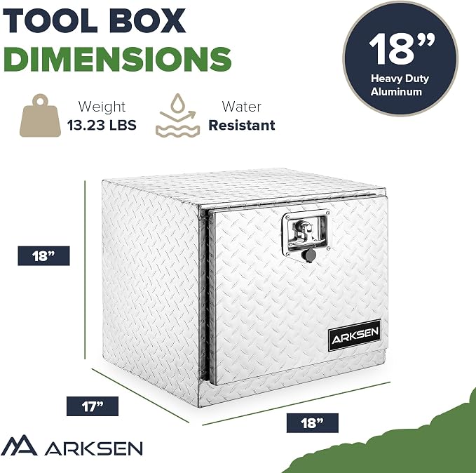 ARKSEN 18 x 17 x 18 Inch Underbody Tool Box, Heavy Duty Aluminum Diamond Plate Waterproof Square Storage Organizer Chest with T-Handle Lock & Keys for Pickup Truck, RV & Trailer – Silver