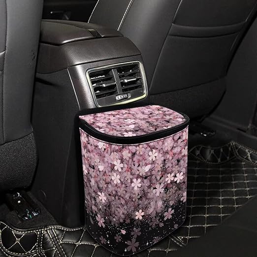 Talayituse Cherry Blossom Print Car Trash Can with Lid, Leak Proof Auto Trash Bag Hanging Vehicle Garbage Can Multipurpose Storage Container for Back Seat Road Trip