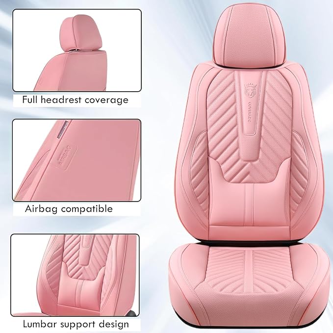 Coverado Seat Covers Front Seats, Car Seat Cover Protector with Lumbar Support, Waterproof Car Seat Cushion, Leather Seat Covers Carseat Cover Universal Fit for Most Cars，Pink