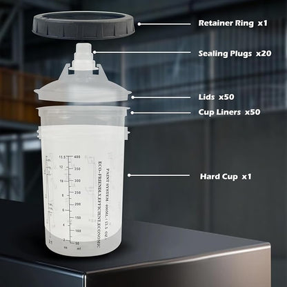 ENDOZER Disposable Paint Cup 50 Pack 13.5 Ounce(400ML) Mixing Cups for Automotive Spray Gun with 50 Liners and Lids System, 1 Hard Cup with Retainer Ring, 20 Plugs, 2 Adapters for Paint Gun