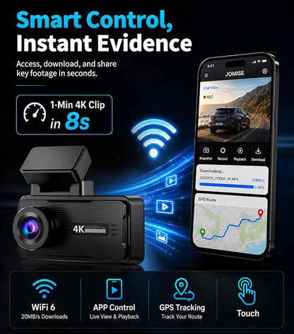 JOMISE 4K Dash Cam Front and Rear, 360° Interior Rear Camera for Cabin, Side & Rear - Dash Camera for Cars with 64GB Card, Low-Light Sensor, Wi-Fi 6 GPS, Touch Screen, HDR WDR, Support 1TB, A80T