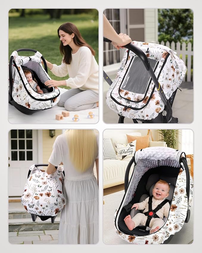Car Seat Cover Baby Girls, Infant Car Seat Canopy Outdoor, 2 Layers with Mesh and Sun Shade Window for Summer Winter, Easy Access Carseat Covers Snug Fit Baby Stroller - Brown Wildflower
