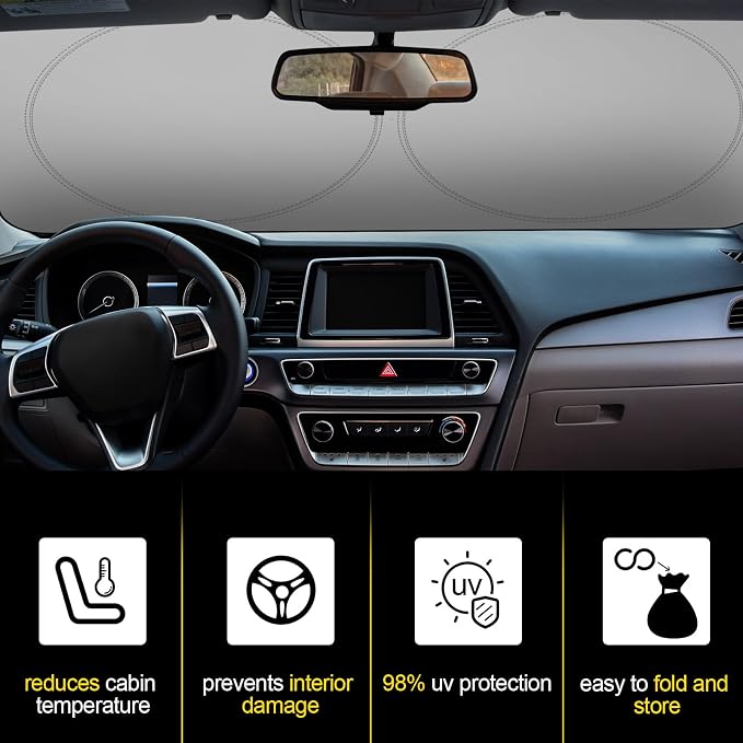 Woanger Windshield Sun Shade Foldable Car Front Window Covers for Car Accessories Sun Heat UV Rays Visor Protector Protection for Universal Cars SUV Truck (Solid Style)
