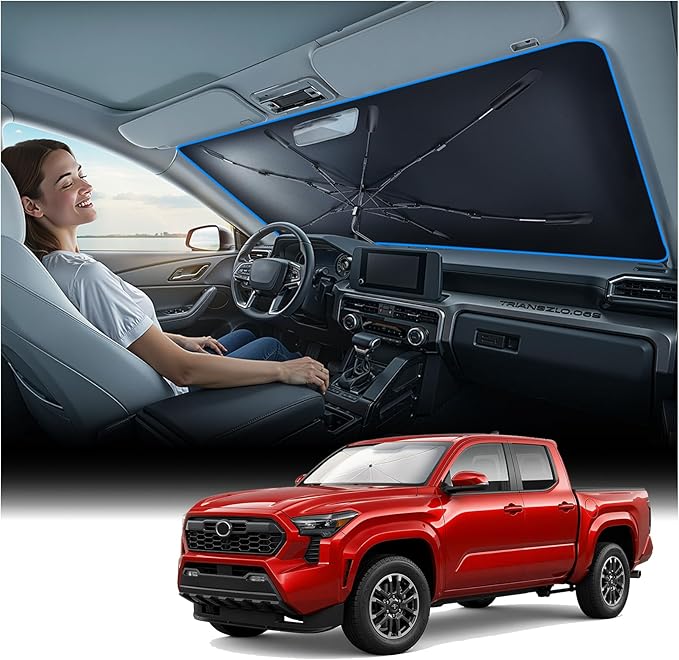 Nmoiss Windshield Sun Shade Umbrella for Toyota Tacoma - [Vinyl Coating Heat Shield] Protect Car from Sun Rays & Heat Damage Keep Cool and Protect Interior, Spring Structure Edge