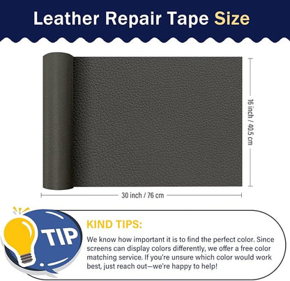 Zenyao Leather Repair Patch Tape - Self Adhesive Leather Repair Kit for Car Seat Furniture, Heavy Duty Vinyl Repair Patch for Couch Sofa, Waterproof Fix for Tears, 16x30 Inch Roll, Dark Grey