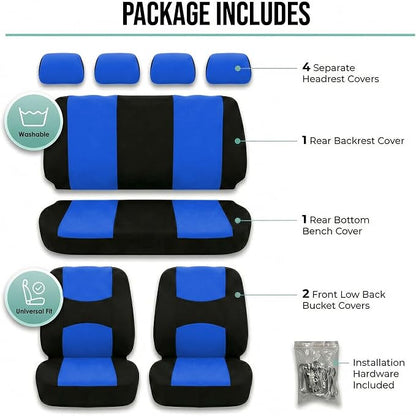 FH Group Automotive Seat Covers Flat Cloth Full Set Blue Combo Small Car Seat Cover Design, Rear Solid Bench Universal Fit and Car Seat Protector for Vans Cars Trucks and SUV Interior Accessories