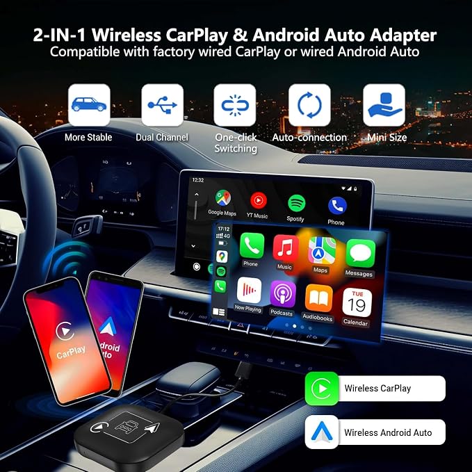 Wireless CarPlay & Android Auto Car Adapter 2 in 1 for Wired Cars - Faster Connection, Plug & Play - Fit for Apple iPhone iOS 10+ Android
