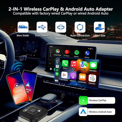 Wireless CarPlay & Android Auto Car Adapter 2 in 1 for Wired Cars - Faster Connection, Plug & Play - Fit for Apple iPhone iOS 10+ Android