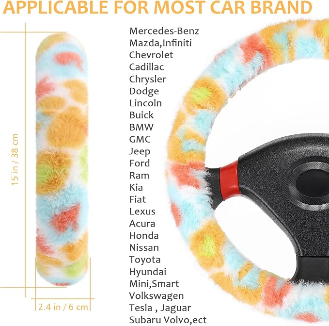 Accmor Fuzzy Car Steering Wheel Cover, Universal Fluffy Auto Wheel Cover & Handbrake Cover & Gear Shift Cover Set, Soft Warm Steering Wheel Protector Car Accessories for Men Women Girls, Colorful