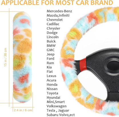 Accmor Fuzzy Car Steering Wheel Cover, Universal Fluffy Auto Wheel Cover & Handbrake Cover & Gear Shift Cover Set, Soft Warm Steering Wheel Protector Car Accessories for Men Women Girls, Colorful